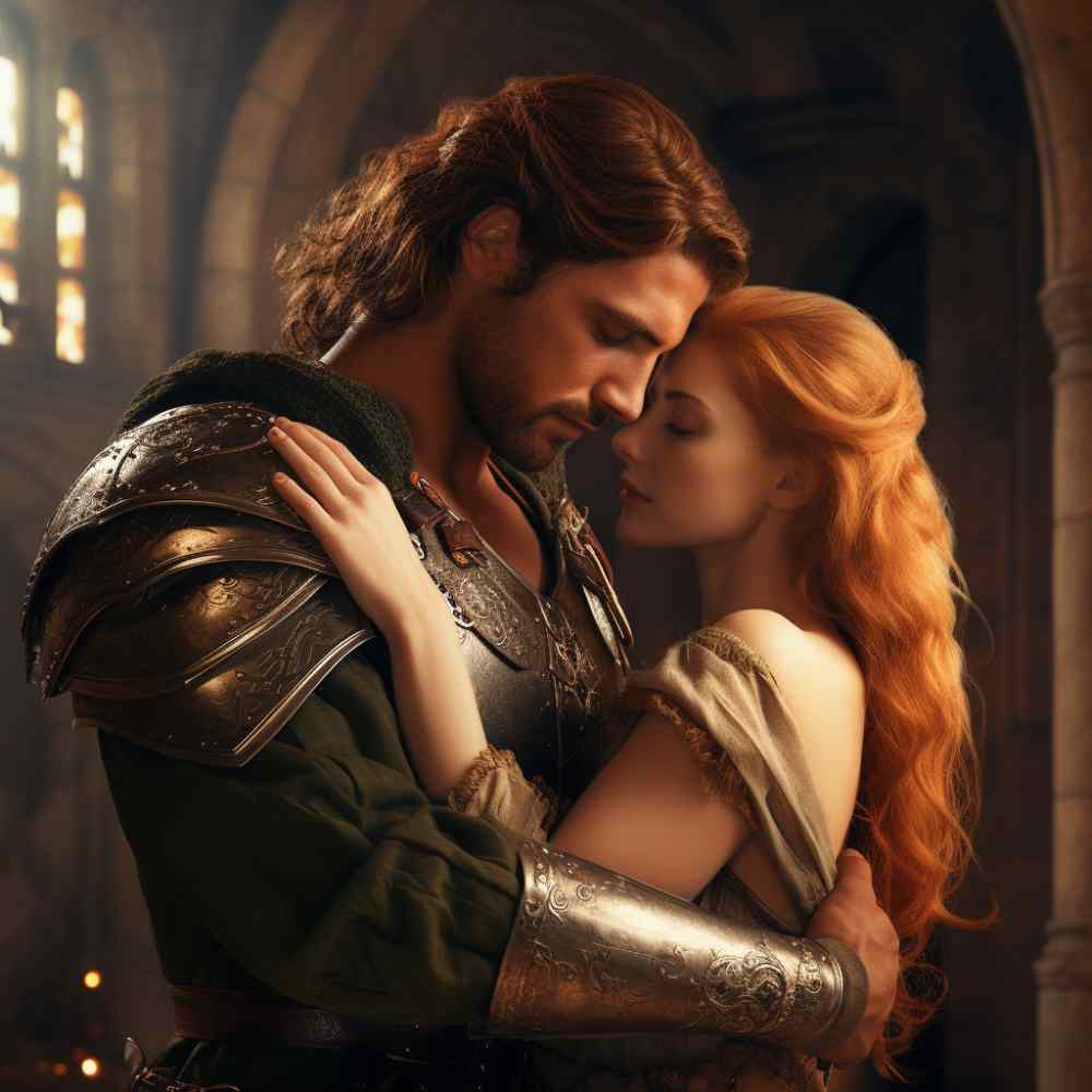 medieval romance knight and maiden embracing from the novel white lions lady by lara adrian